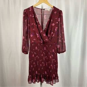 Rowa Large Sheer Sleeve Back Floral Smocked Skirt Faux Wrap V Neck Mini Dress